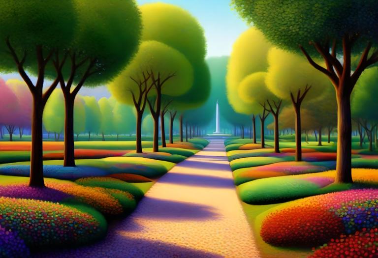 Pointillism,Pointillism, City, park, no humans, tree, outdoors, scenery, road, sky, day, path, grass, flower