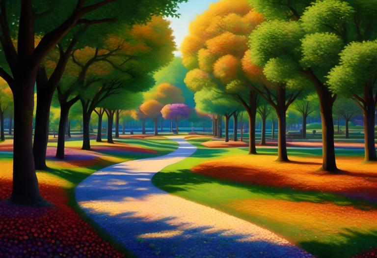 Pointillism,Pointillism, City, park, no humans, tree, scenery, outdoors, sky, day, grass, road, nature