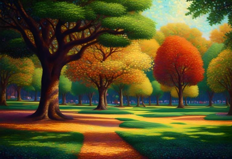 Pointillism,Pointillism, City, park, tree, no humans, scenery, outdoors, sky, day, cloud, grass, road