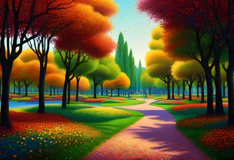 Pointillism,Pointillism, City, park, tree, no humans, scenery, outdoors, sky, autumn, autumn leaves, grass