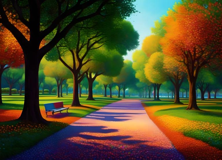 Pointillism,Pointillism, City, park, tree, no humans, scenery, outdoors, bench, sky, day, grass, road, park