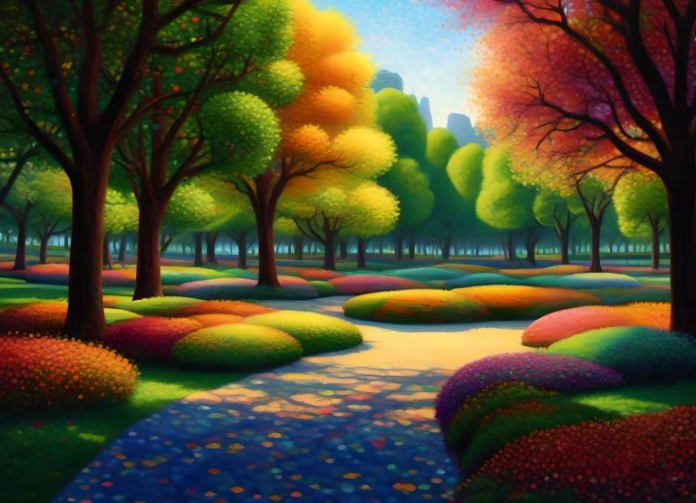 Pointillisme,Pointillisme, Ville, parc, arbre, pas d'humains, en plein air, paysage, ciel, feuilles d'automne