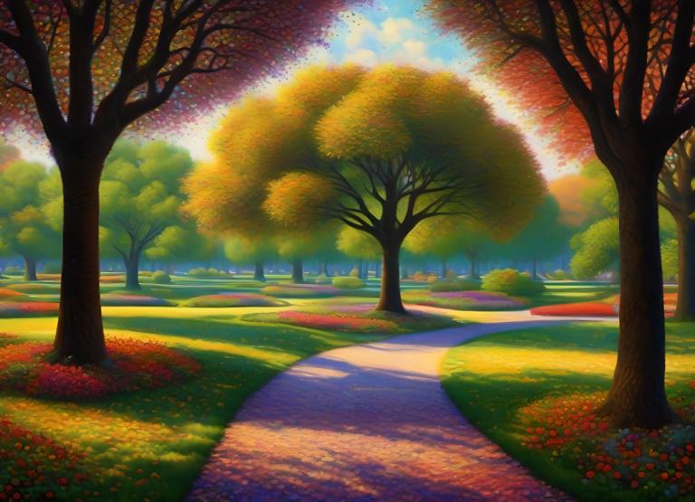 Pointillism,Pointillism, City, park, no humans, tree, scenery, outdoors, sky, grass, road, cloud, day, path