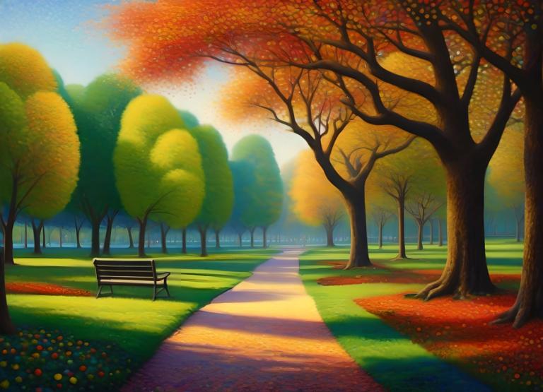 Pointillism,Pointillism, City, park, bench, no humans, tree, scenery, outdoors, autumn, autumn leaves, grass