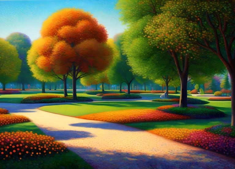 Pointillism,Pointillism, City, park, tree, outdoors, no humans, scenery, sky, blue sky, day, grass, road