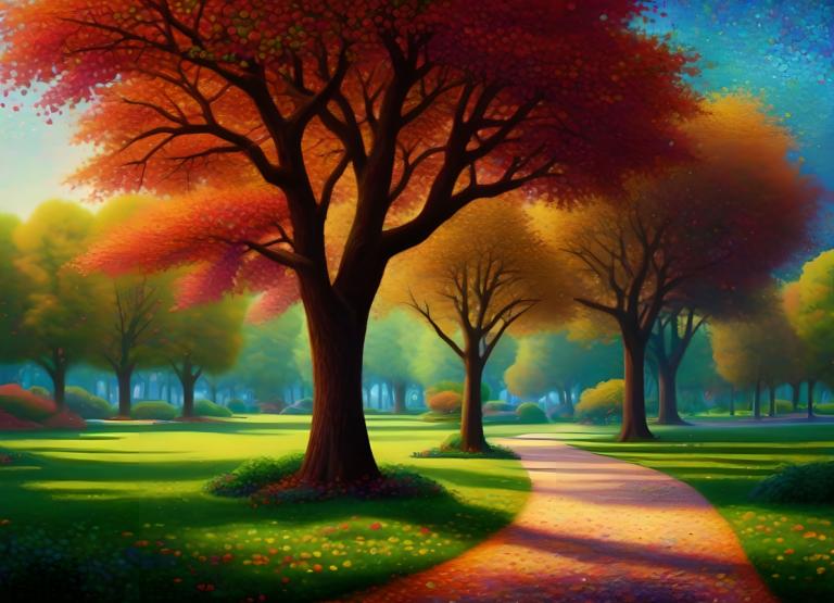 Pointillism,Pointillism, City, park, no humans, tree, scenery, outdoors, sky, grass, autumn leaves, path