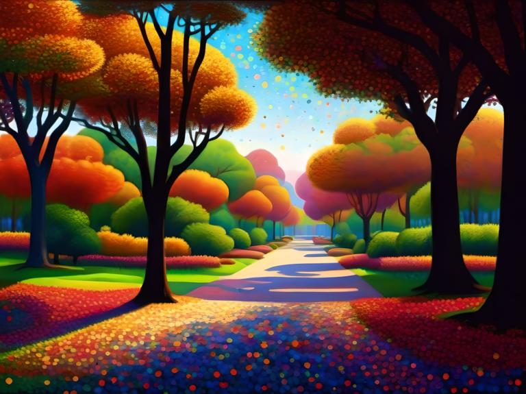 Pointillism,Pointillism, City, park, no humans, tree, scenery, autumn, outdoors, autumn leaves, sky, road