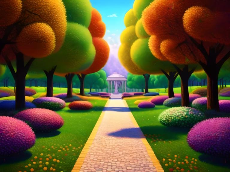 Pointillism,Pointillism, City, park, no humans, tree, outdoors, scenery, sky, grass, path, road, day, flower