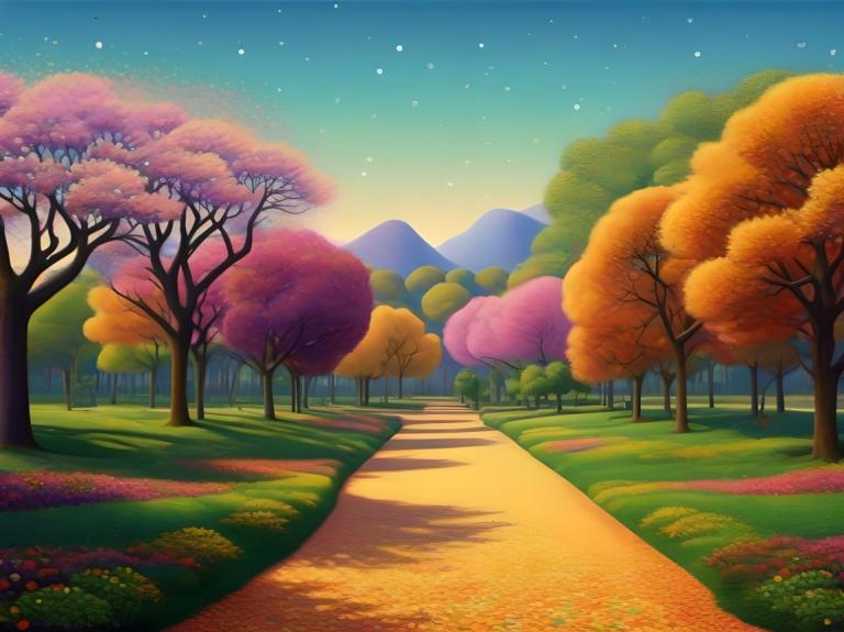 Pointillism,Pointillism, City, park, no humans, tree, scenery, outdoors, sky, grass, star (sky), path