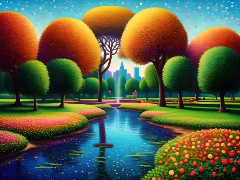 Pointillism,Pointillism, City, park, tree, scenery, outdoors, sky, flower, no humans, grass, water, blue sky