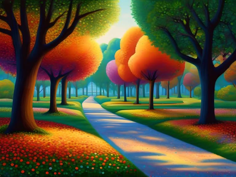 Pointillism,Pointillism, City, park, no humans, tree, outdoors, scenery, grass, path, flower, road, nature