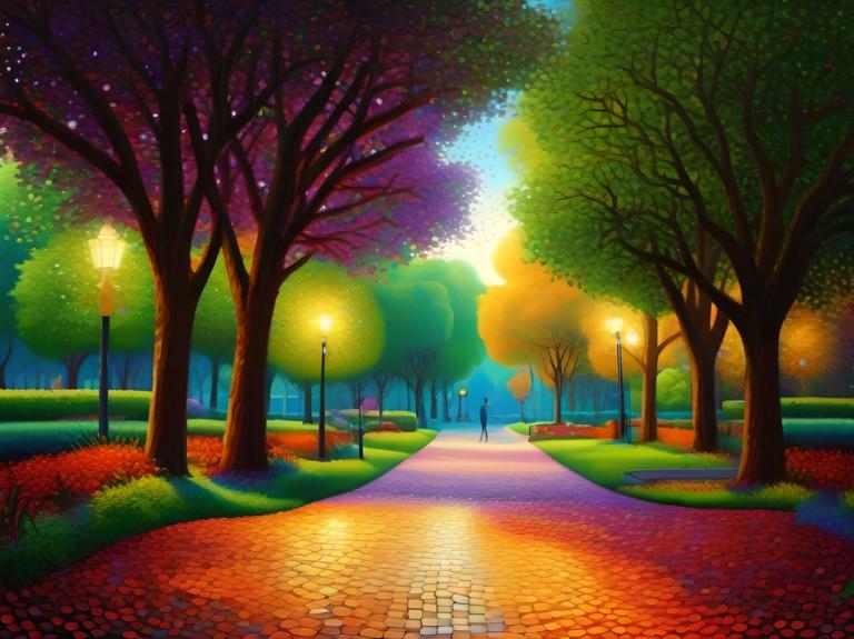 Pointillism,Pointillism, City, park, no humans, tree, scenery, lamppost, outdoors, road, path, sky, grass