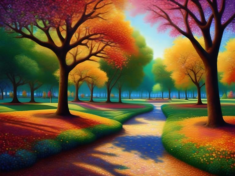 Pointillism,Pointillism, City, park, no humans, tree, scenery, outdoors, grass, sky, path, autumn