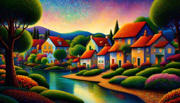 Pointillism,Pointillism, Village, village, no humans, tree, house, scenery, outdoors, sky, water, building