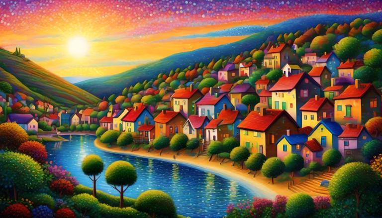 Pointillism,Pointillism, Village, village, no humans, scenery, tree, house, sunset, water, sky, outdoors, sun