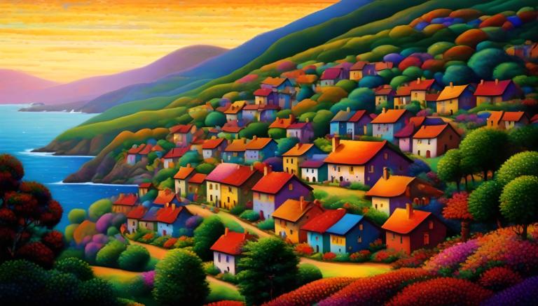 Pointillisme,Pointillisme, Village, village, pas d'humains, paysage, en plein air, coucher de soleil, ciel