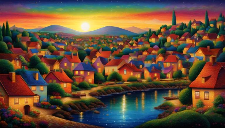 Pointillismus,Pointillismus, Dorf, Dorf, keine Menschen, Landschaft, Haus, Sonnenuntergang, Himmel, Wasser