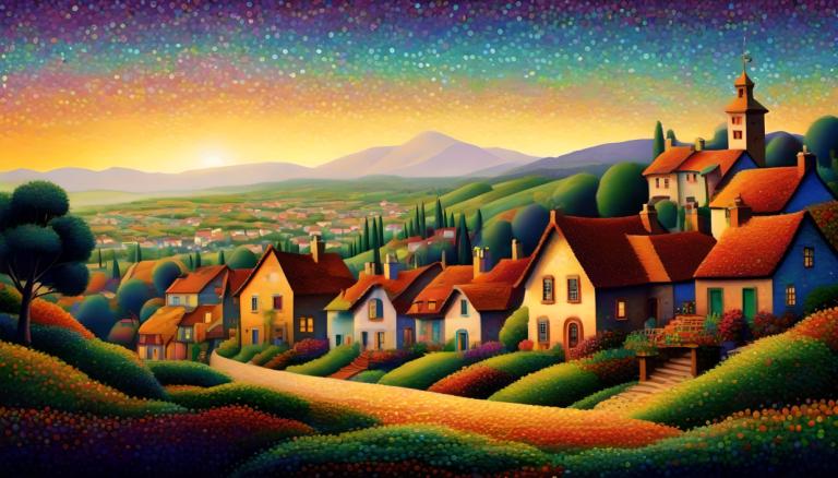 Pointillism,Pointillism, Village, village, no humans, scenery, sky, star (sky), tree, outdoors, starry sky