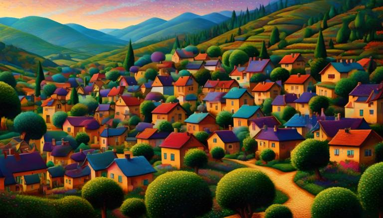 Pointillism,Pointillism, Village, village, no humans, scenery, outdoors, tree, house, sky, sunset, mountain