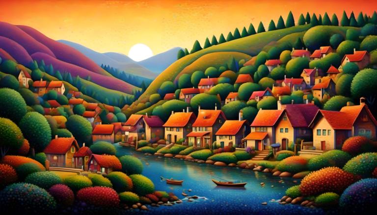 Pointillism,Pointillism, Village, village, no humans, scenery, house, sunset, tree, mountain, outdoors, water