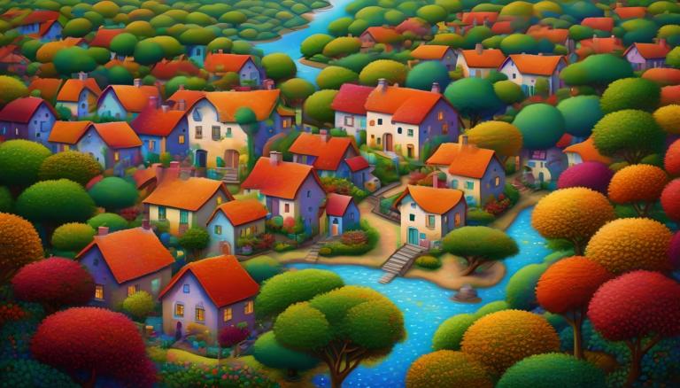 Pointillism,Pointillism, Village, village, tree, house, no humans, outdoors, scenery, water, river, mushroom