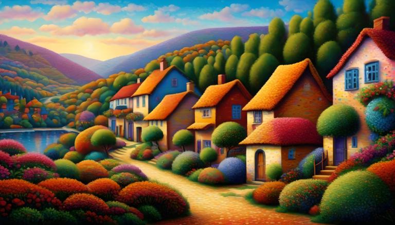 Pointillism,Pointillism, Village, village, no humans, scenery, outdoors, house, sky, cloud, tree, window