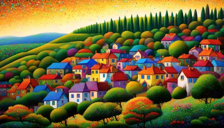 Pointillism,Pointillism, Village, village, tree, scenery, outdoors, no humans, nature, house, forest, sky