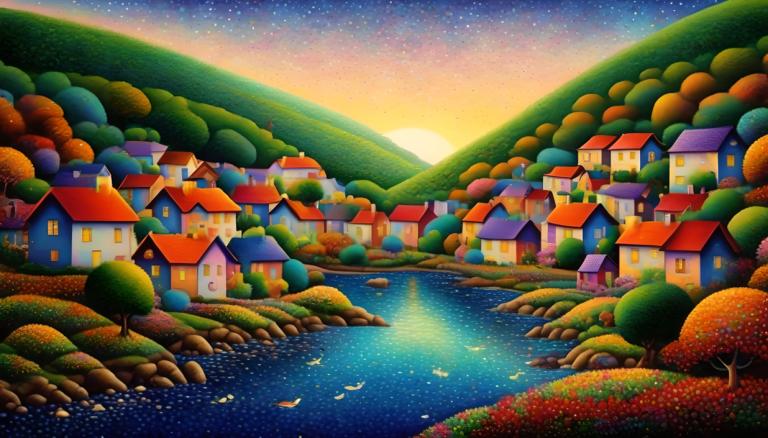 Pointillism,Pointillism, Village, village, no humans, scenery, sky, star (sky), outdoors, house, tree, water