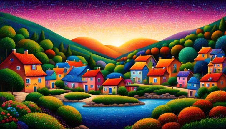 Pointillism,Pointillism, Village, village, no humans, scenery, house, outdoors, sunset, sky, tree, water