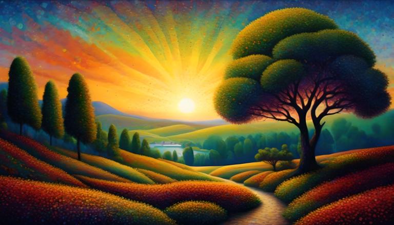 Pointillism,Pointillism, Nature, landscape, no humans, tree, scenery, outdoors, sky, sun, sunset, mountain