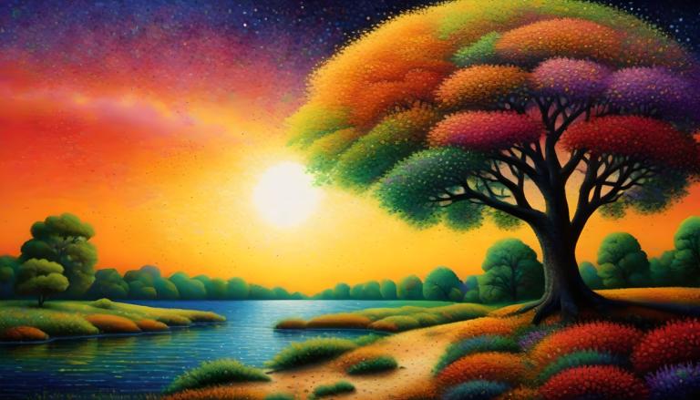 Pointillism,Pointillism, Nature, landscape, no humans, tree, scenery, sky, star (sky), outdoors, sunset