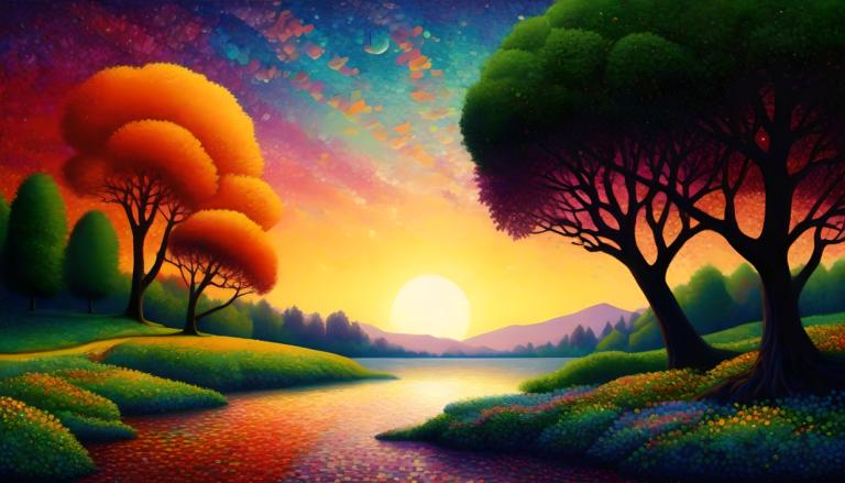 Pointillism,Pointillism, Nature, landscape, no humans, tree, scenery, sky, moon, outdoors, sunset, star (sky)