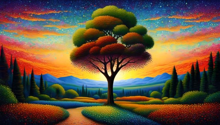 Pointillism,Pointillism, Nature, landscape, no humans, tree, scenery, sky, outdoors, star (sky), sunset