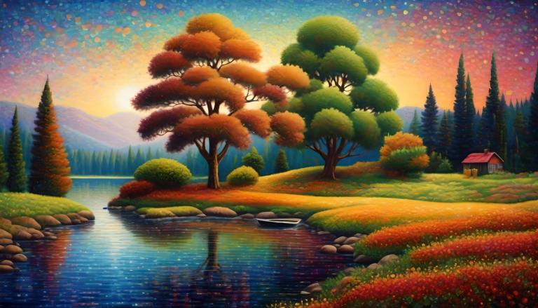 Pointillism,Pointillism, Nature, landscape, no humans, tree, outdoors, scenery, sky, grass, sunset, water