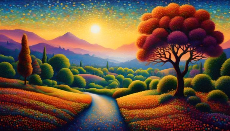 Pointillisme,Pointillisme, Nature, paysage, pas d'humains, paysage, arbre, en plein air, ciel, soleil