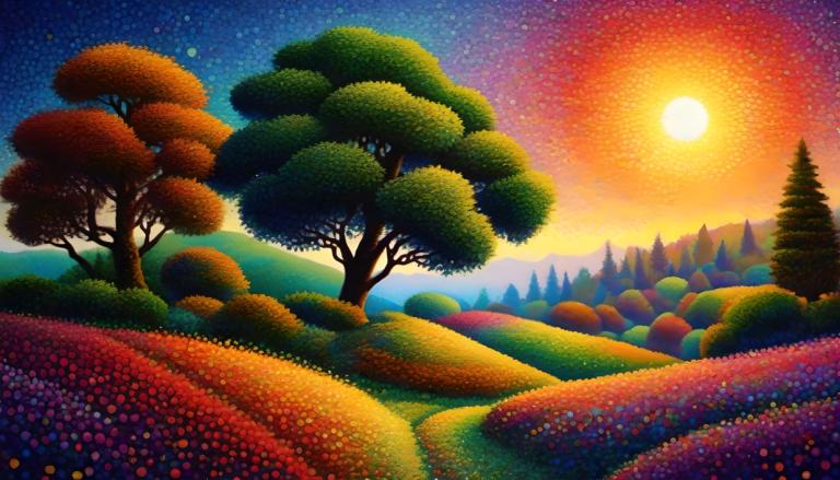 Pointillism,Pointillism, Nature, landscape, no humans, tree, scenery, sky, star (sky), sun, outdoors, grass