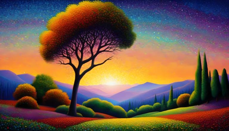 Pointillism,Pointillism, Nature, landscape, no humans, tree, scenery, sky, outdoors, star (sky), sunset