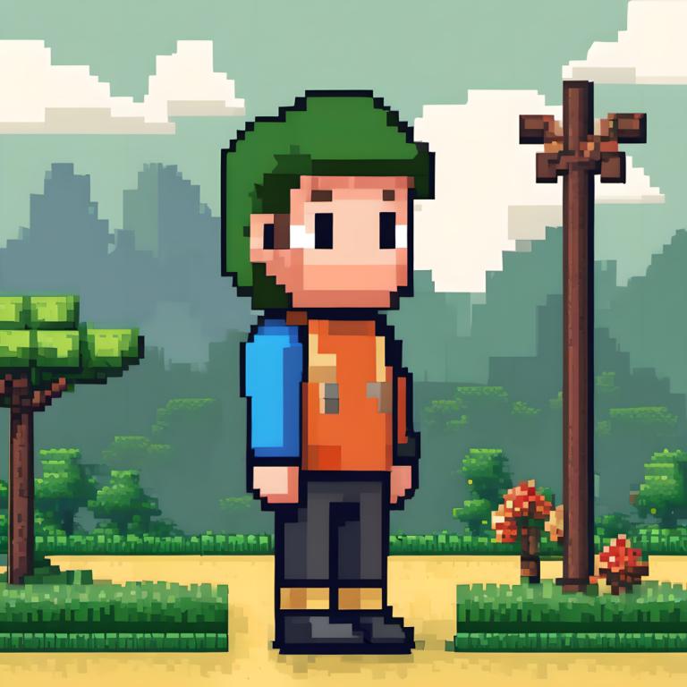 Pixel art,Pixel art, Personnes, homme, en plein air, foyer masculin, cheveux verts, 1garçon, solo, nuage