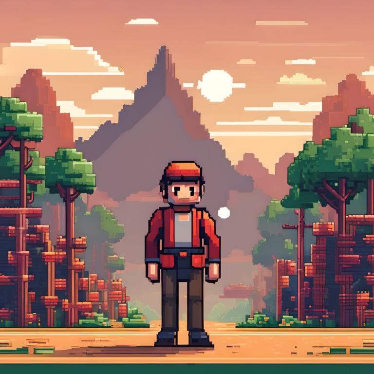 Pixel Art,Pixel Art, People, man, 1boy, male focus, tree, outdoors, hat, standing, solo, cloud, pants