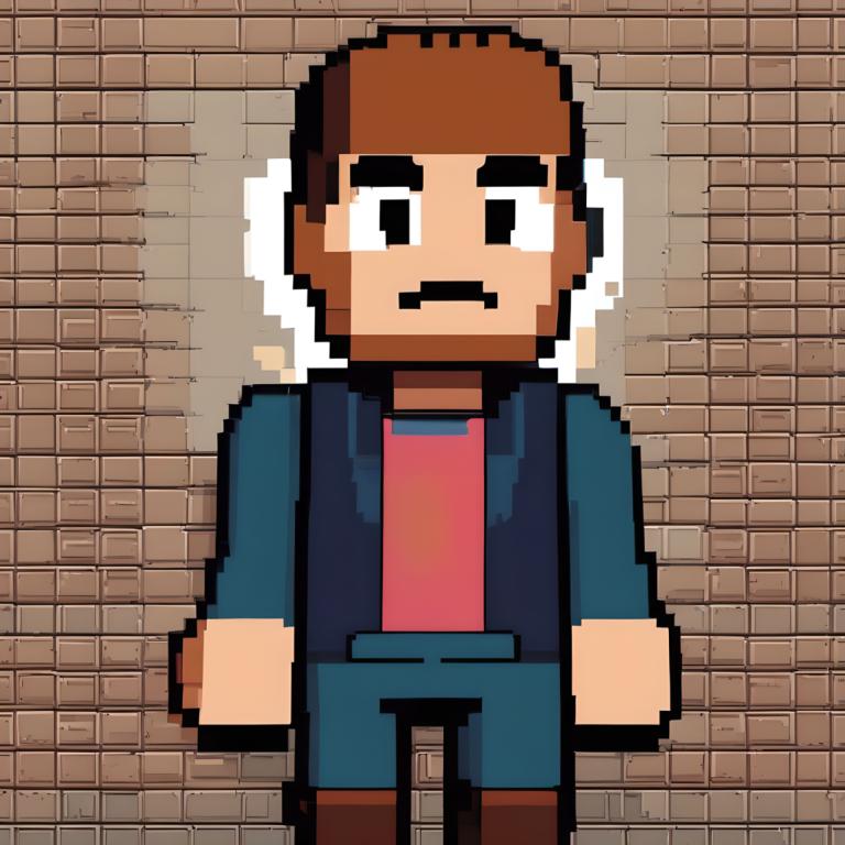 Pixel Art,Pixel Art, People, man, 1boy, male focus, solo, facial hair, brown hair, shirt, brick wall