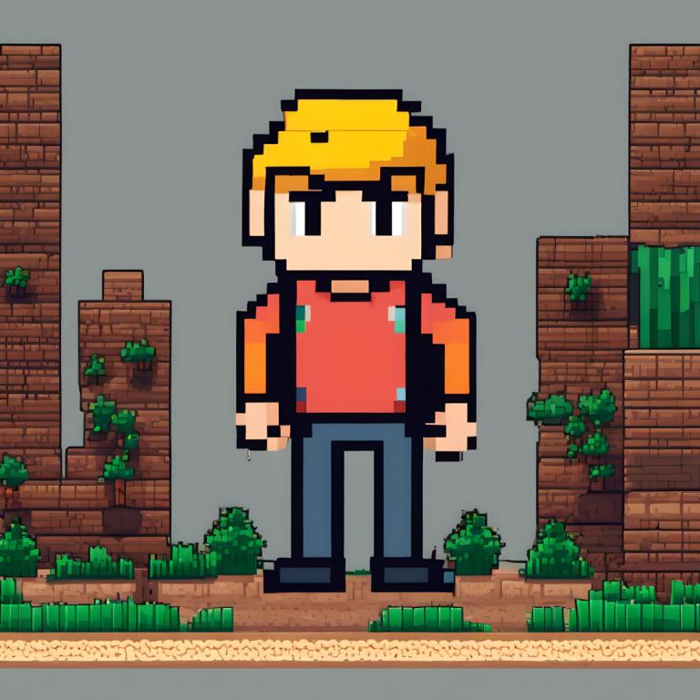 Pixel Art,Pixel Art, People, man, 1boy, male focus, solo, shirt, backpack, blonde hair, red shirt, bag