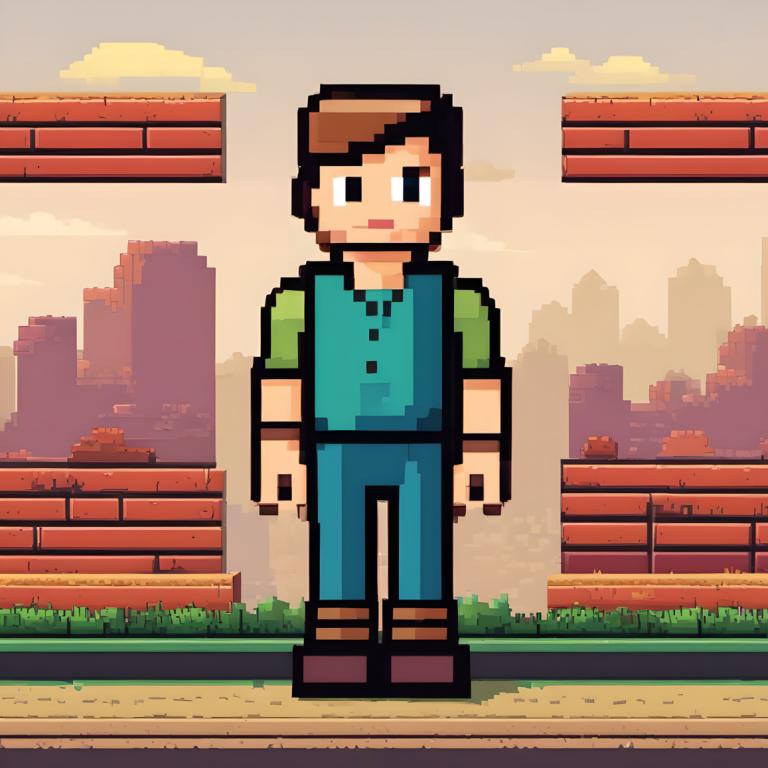 Pixel Art,Pixel Art, People, man, 1boy, male focus, solo, facial hair, brown footwear, shirt, brown hair