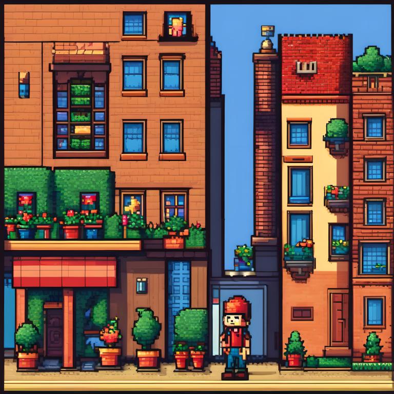 Pixel Art,Pixel Art, People, man, 1boy, window, plant, potted plant, outdoors, hat, male focus, door, day