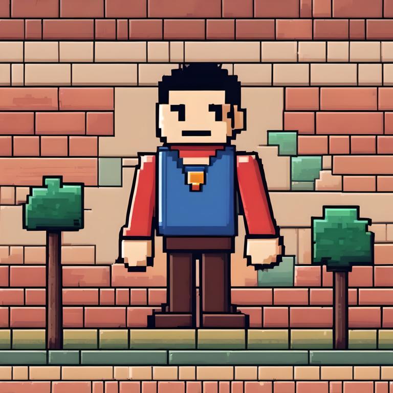 Pixel Art,Pixel Art, People, man, 1boy, male focus, brick wall, solo, facial hair, brick, mustache, shirt