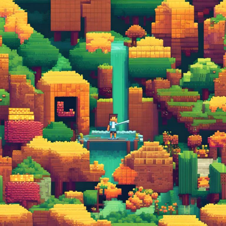 Pixel Kunst,Pixel Kunst, Menschen, Mann, Wasserfall, Wasser, Baum, braune Haare, Solo, 1Mädchen, draußen