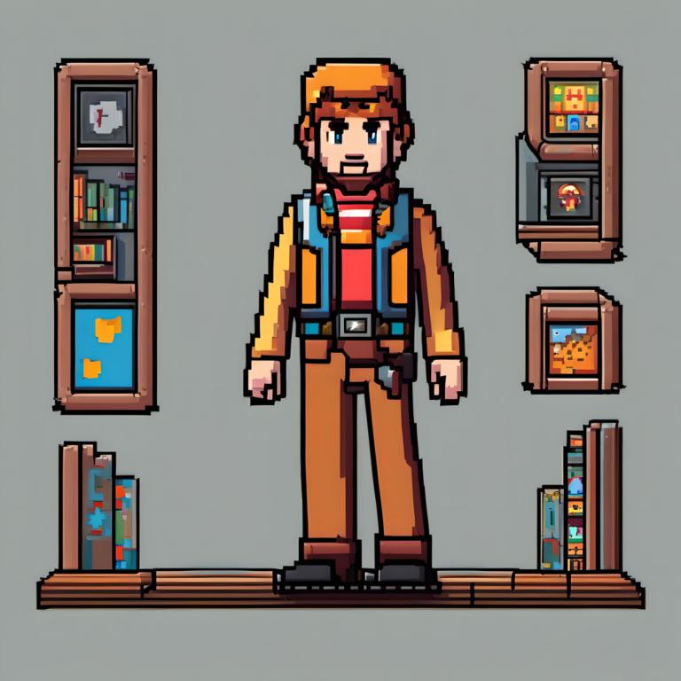 Pixel Art,Pixel Art, People, man, 1boy, male focus, solo, blue eyes, shirt, vest, hat, grey background