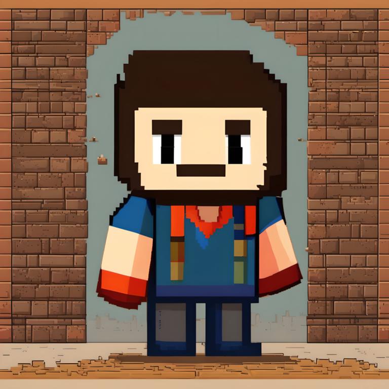 Pixel Art,Pixel Art, People, man, brick wall, facial hair, 1boy, male focus, solo, mustache, shirt, wall