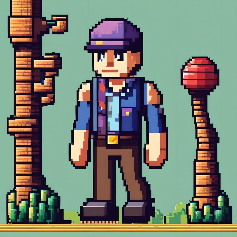 Pixel Art,Pixel Art, People, man, 1boy, male focus, solo, hat, green background, standing, pants, shirt, vest