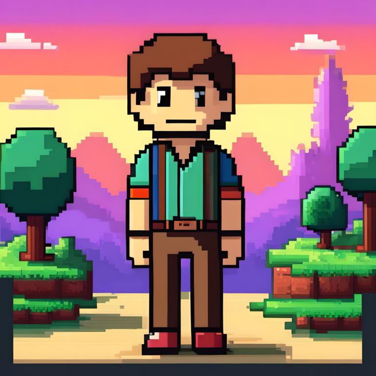 Pixel Art,Pixel Art, People, man, 1boy, male focus, brown hair, solo, tree, brown pants, outdoors, shirt