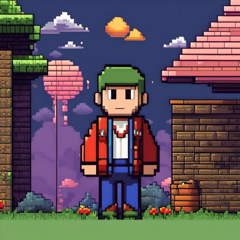 Pixel Art,Pixel Art, Mennesker, mand, 1 dreng, mandligt fokus, Sky, solo, overalls, udendørs, himmel, skjorte